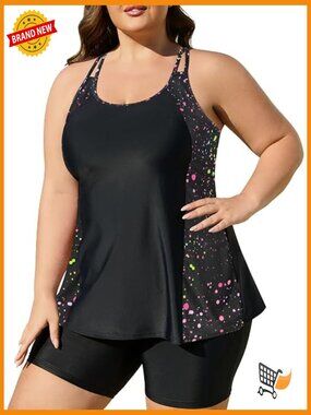 Plus Size Tankini Set - Flowy Top with Boy Shorts - Tummy Control Swimwear